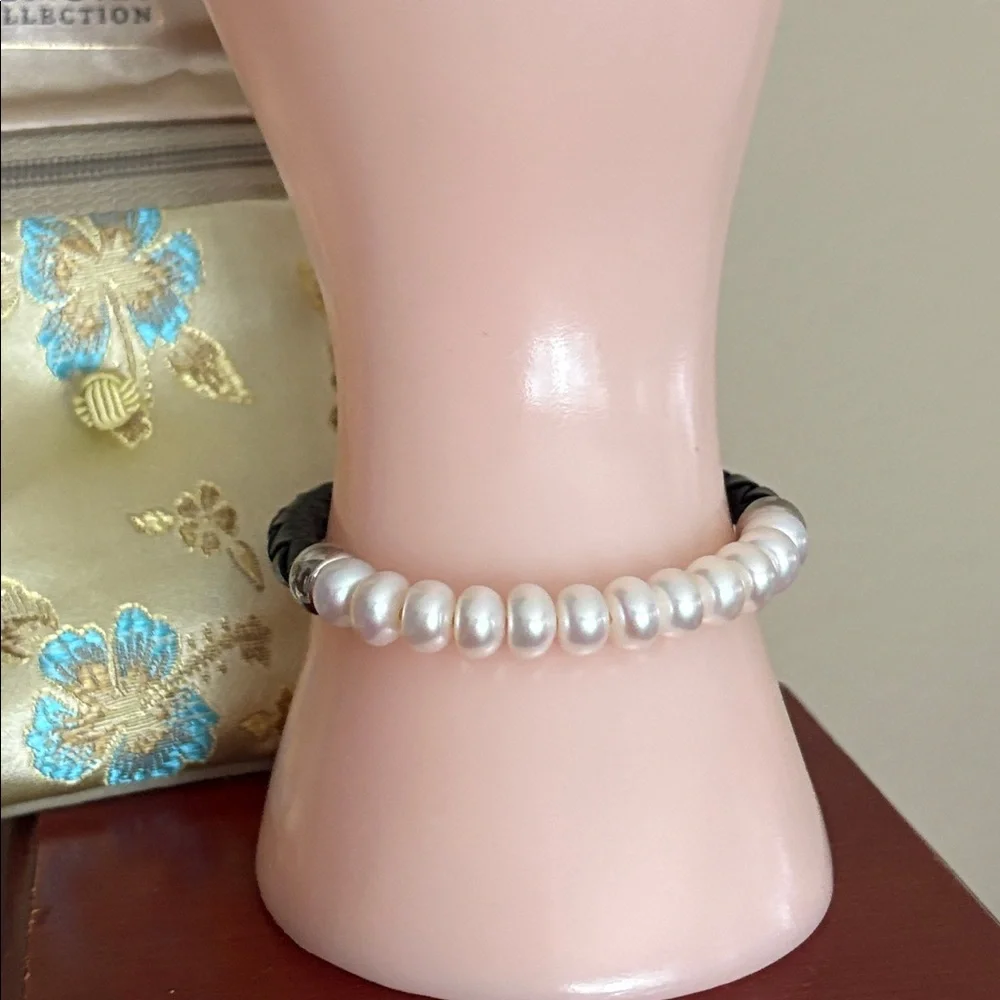 Honora Sterling 8.5mm Pearl Genuine Black Leather Braided Bracelet Stretch - Picture 4 of 9